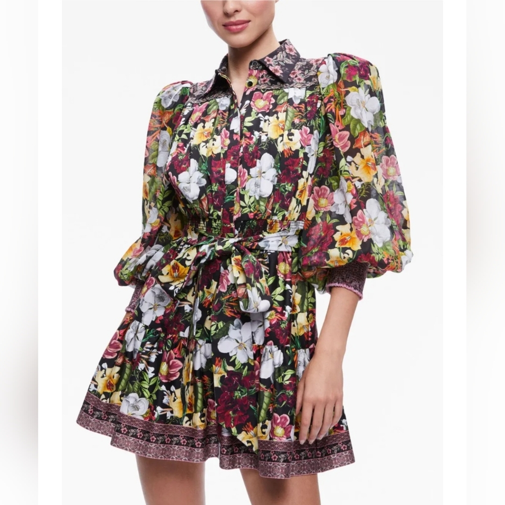 Alice + Olivia Black Floral Mini Dress with White, Yellow & Pink Blooms - Picture 10 of 15